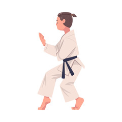 Karate Man Wearing Kimono and Black Belt Practicing Martial Art Vector Illustration