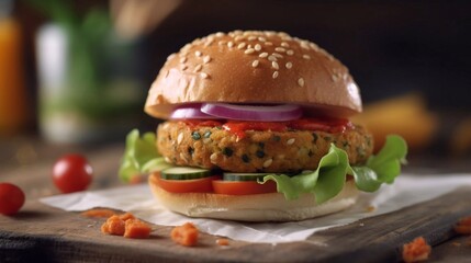 Chickpeas burger with onion, tomatoes, salad and sause on wooden background. Healthy vegan burger. AI generated