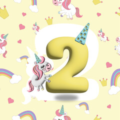 2 in 1. Birthday 2 years, seamless pattern 