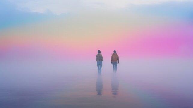 two people walking on the water in front of a fog, in the style of soft colours minimalism, silhouette of a man and woman in the fog, rainbow in the sky, Generative AI