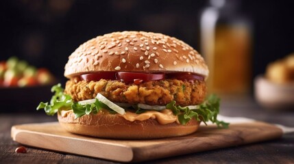 Chickpeas burger with onion, tomatoes, salad and sause on wooden background. Healthy vegan burger. AI generated