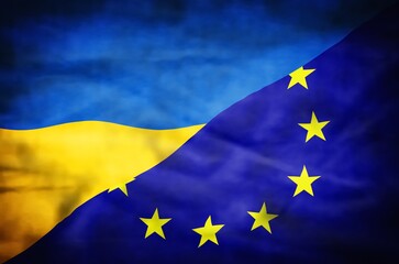 Ukraine and European Union mixed flag. Wavy flag of Ukraine and European Union in the dark style.
