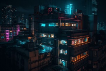 A trustworthy, high-tech, cityscape structure lit by neon and reminiscent of futuristic film noir. Generative AI