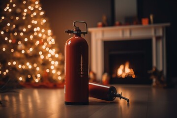 Fire extinguisher on white table with Christmas tree in background. Security concept. Generative AI