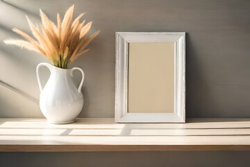 Fototapeta na wymiar White vase on wooden table with dried grass and blank photo frame, soft beautiful dappled sunlight, leaf shadow on wall