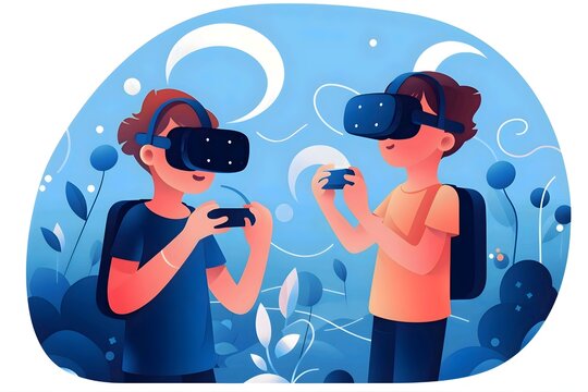 Boys Wearing Virtual Reality Device (VR), Kids Learning How To Use Vr Device And Interesting,student Studying Vr In Imagination, Content For Contributor, Flat Vector Illustration. Generative AI	