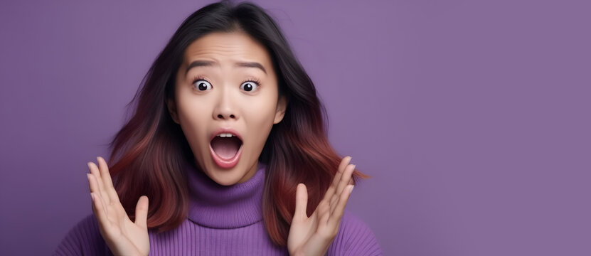 Portrait Of Excited Overjoyed And Shocked Young Asian Woman. Unbelievable. Looking At Camera And Spreading Hands. Isolated On Background. Advertising. Generative Ai.