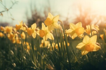 Fototapeta na wymiar Yellow daffodils dance in the wind, shining in the sun. Generative AI