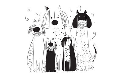 A group of cute dogs for adult coloring pages. Coloring sheets of dog. T- Shirt Vector. Black And White art.