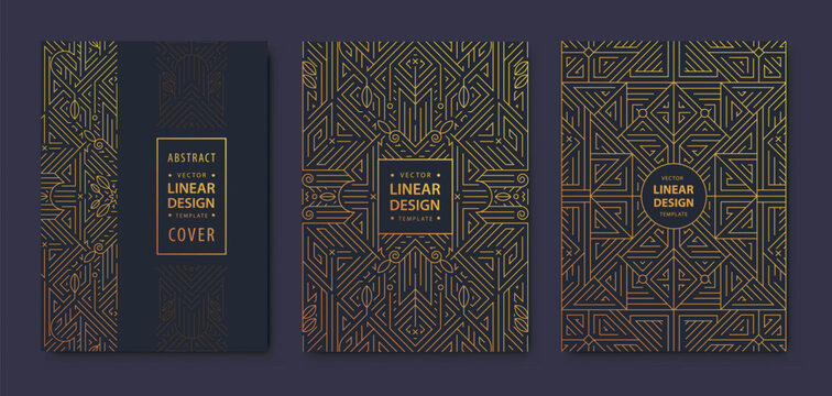 Set of vector Art deco, gatsby golden covers. Creative design templates. Trendy graphic poster, brochure, design, packaging and branding. Geometric shapes, ornaments, elements - Powered by Adobe