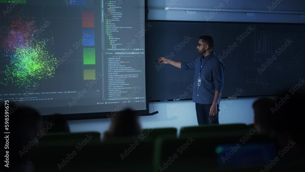 Poster portrait of a young male teacher giving a data science lecture to diverse multiethnic group of femal