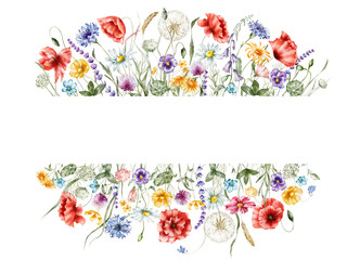 Watercolor floral border, frame – Wildflowers: summer flower, blossom, poppies, chamomile, dandelions, cornflowers, lavender, violet, bluebell, clover, buttercup