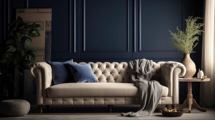 A beige linen sofa with tufted details on a navy blue background. Generative AI