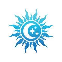 Sun symbol with crescent moon and stars inside