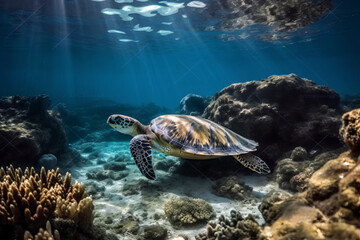 A beautiful turtle swimming between stones and coral reefs