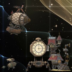 Steampunk background. Fantastic world in 3D. Steam-punk landscape. Magic transport.