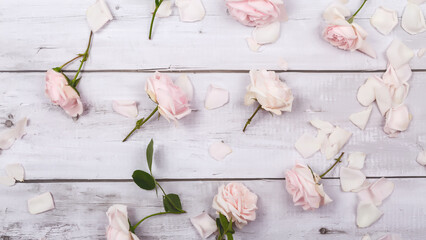 Rose petals. Valentine's day or Mother's day background. Flat lay. Top view. Copy space