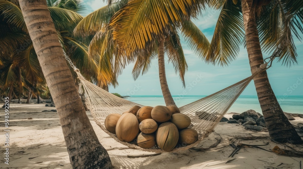 Poster A coconut palm tree with a bunch of coconuts, and a hammock tied to its trunk. Generative AI