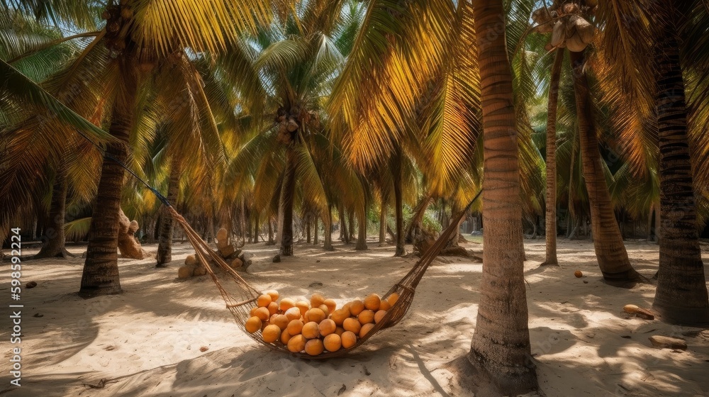Poster a coconut palm tree with a bunch of coconuts, and a hammock tied to its trunk. generative ai