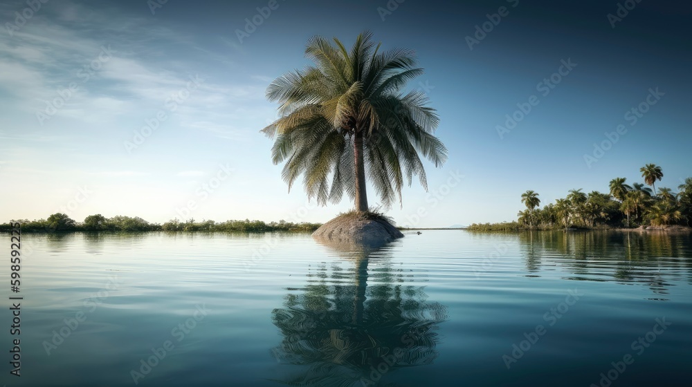 Poster a coconut tree and its reflection in a calm, clear lake. generative ai
