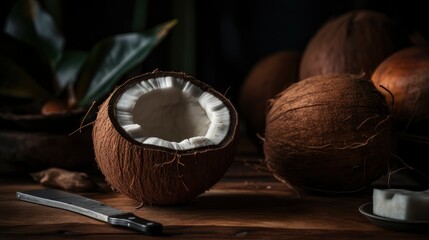 A coconut on a wooden table, next to a pile of freshly cut tropical fruit. Generative AI