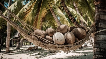A coconut palm tree with a bunch of coconuts, and a hammock tied to its trunk. Generative AI