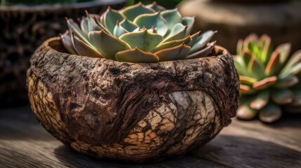 A coconut shell used as a natural planter for a succulent. Generative AI