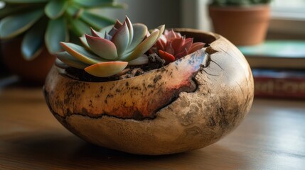 A coconut shell used as a natural planter for a succulent. Generative AI