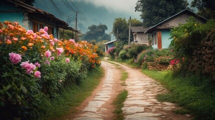 A country road leading to a small village with traditional houses and colorful flowers on the roadside. Generative AI