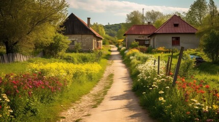 A country road leading to a small village with traditional houses and colorful flowers on the roadside. Generative AI