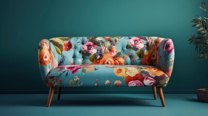 A colorful floral patterned sofa with wooden legs on a light blue background. Generative AI