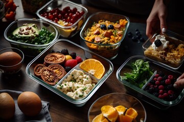 Lifestyle photograph featuring healthy eating habits such as meal prepping. Generative Ai.