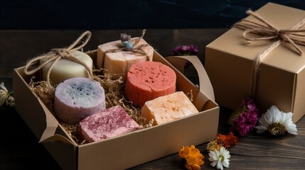 A gift box with a set of handcrafted soap bars and a loofah sponge. Generative AI