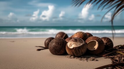 A group of coconuts lying on a sandy beach, with the ocean in the background. Generative AI