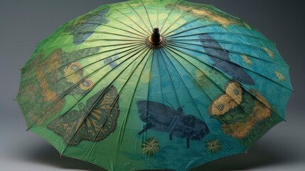 A green and blue Chinese paper umbrella with a butterfly pattern. Generative AI