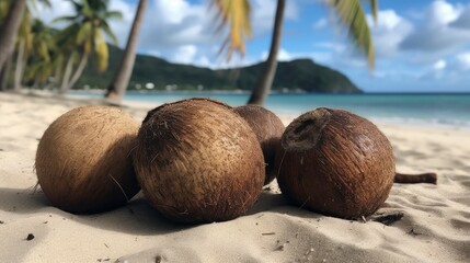 A group of coconuts lying on a sandy beach, with the ocean in the background. Generative AI