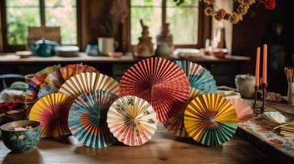 A group of colorful paper fans scattered on a wooden table in a rustic setting. Generative AI