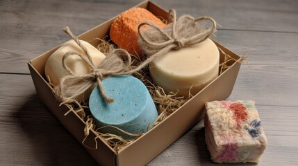 A gift box with a set of handcrafted soap bars and a loofah sponge. Generative AI