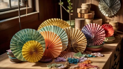 A group of colorful paper fans scattered on a wooden table in a rustic setting. Generative AI