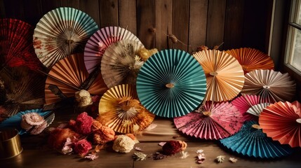 A group of colorful paper fans scattered on a wooden table in a rustic setting. Generative AI