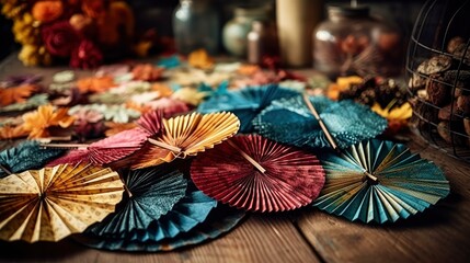 A group of colorful paper fans scattered on a wooden table in a rustic setting. Generative AI