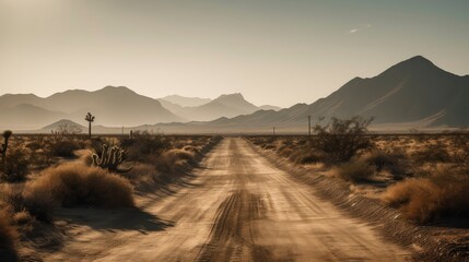 A lonely road surrounded by dry desert and cacti with a mountain range in the distance. Generative AI