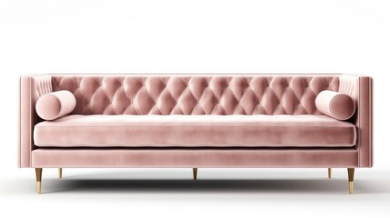 A light pink velvet sofa with gold legs on a white background. Generative AI