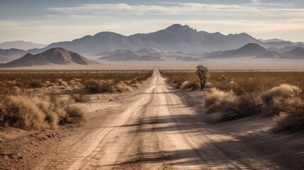 A lonely road surrounded by dry desert and cacti with a mountain range in the distance. Generative AI