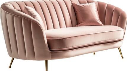 A light pink velvet sofa with gold legs on a white background. Generative AI