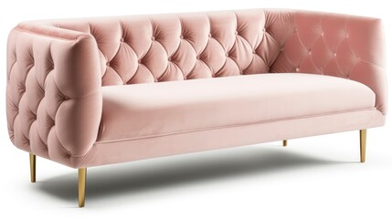 A light pink velvet sofa with gold legs on a white background. Generative AI