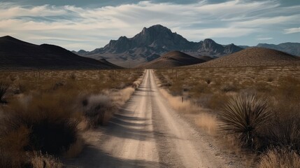 A lonely road surrounded by dry desert and cacti with a mountain range in the distance. Generative AI