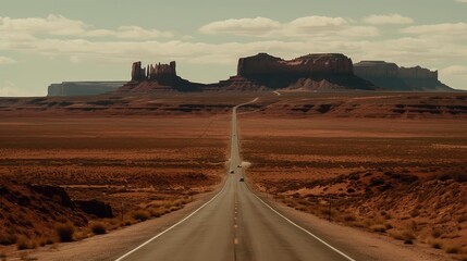A long, straight road through a barren landscape of red rocks and sandstone formations. Generative AI