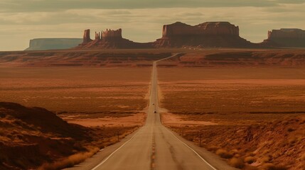 A long, straight road through a barren landscape of red rocks and sandstone formations. Generative AI