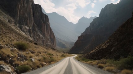 A long, straight road through a mountain pass with steep cliffs and rocky terrain. Generative AI